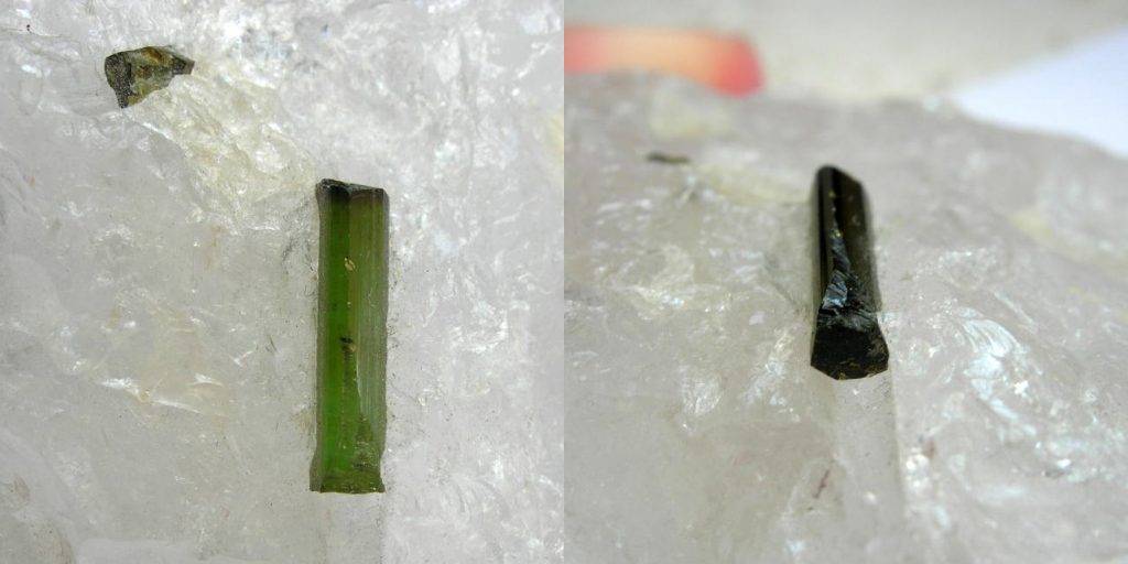 Exemple en image du pléochroïsme du vert au brun d'une verdelite (tourmaline verte variété elbaïte).