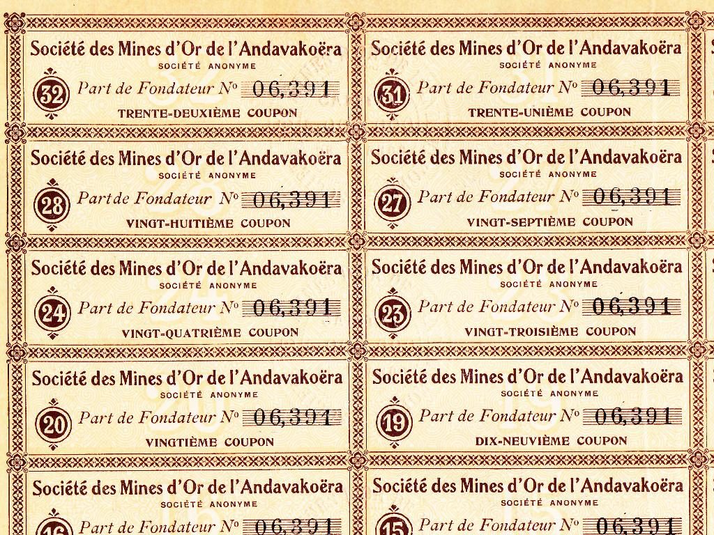 Détail des coupons de l'action minière ancienne des Mines d'or de l'Andavakoëra (Madagascar)