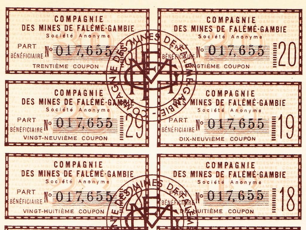 Détail des coupons de l'action minière ancienne de la Compagnie des Mines de Falémé-Gambie