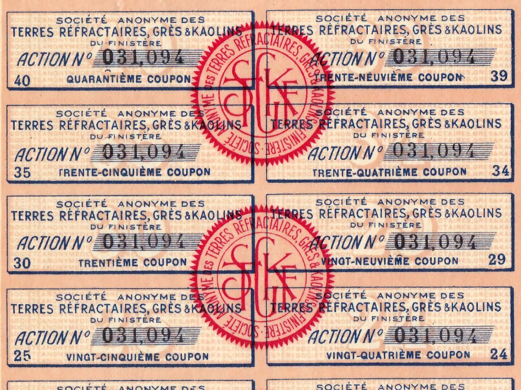 Détail des coupons de l'action minière de la Société anonyme des terres réfractaires, grès et kaolins du Finistère