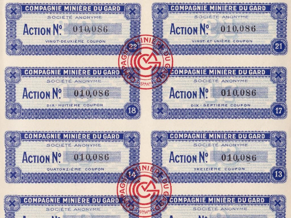 Détail des coupons de l'action minière Compagnie Minière du Gard (France)