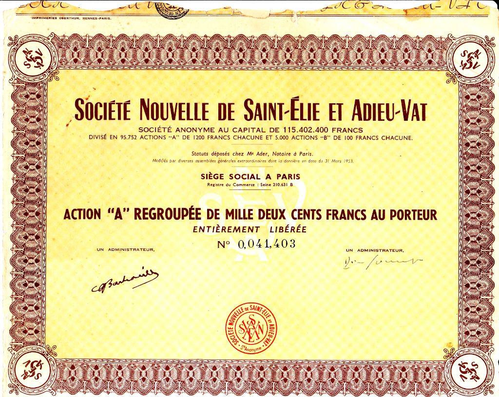 Action minière Société Nouvelle de SaintElie et AdieuVat